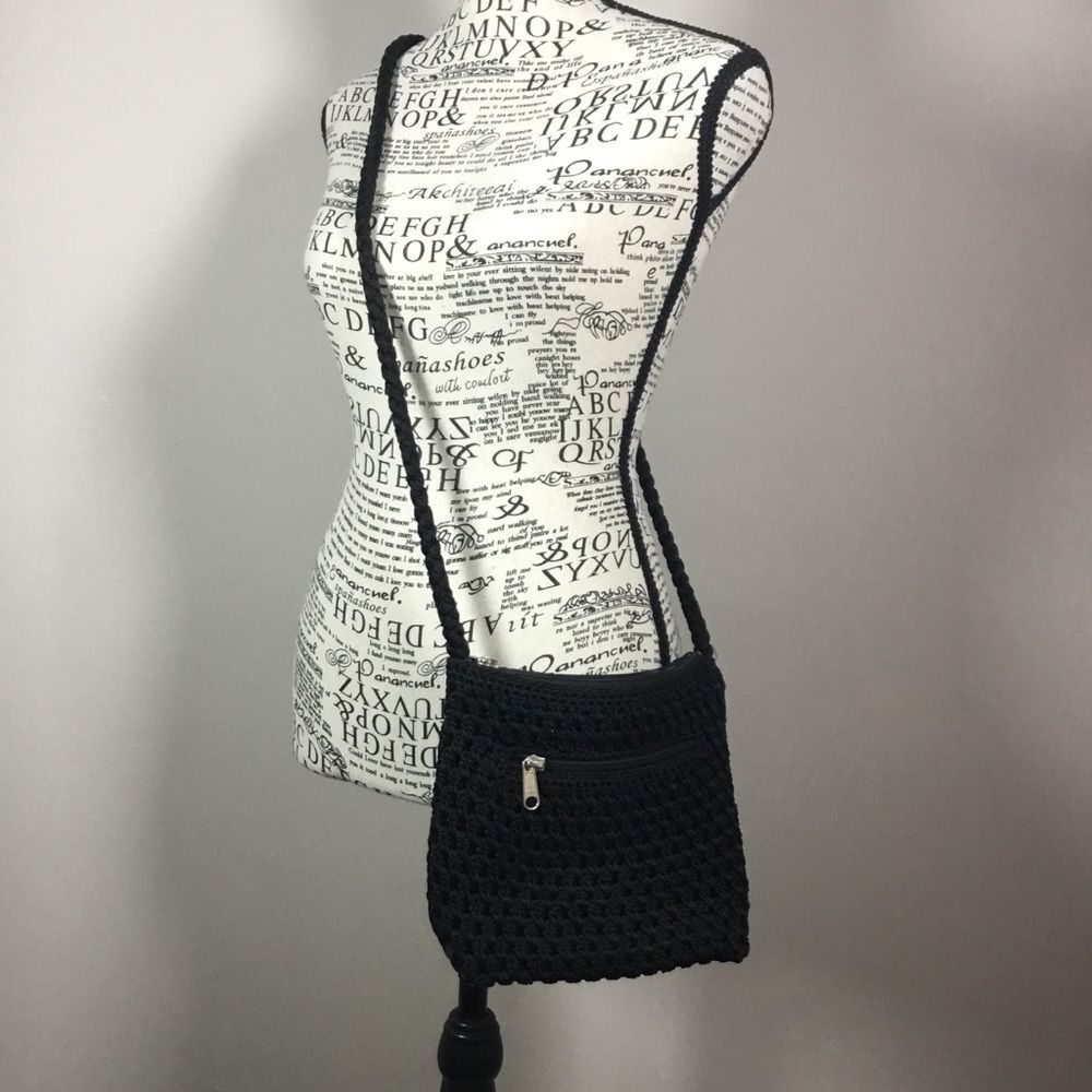 Lina black crochet crossbody or shoulder bag with plaited strap and pockets